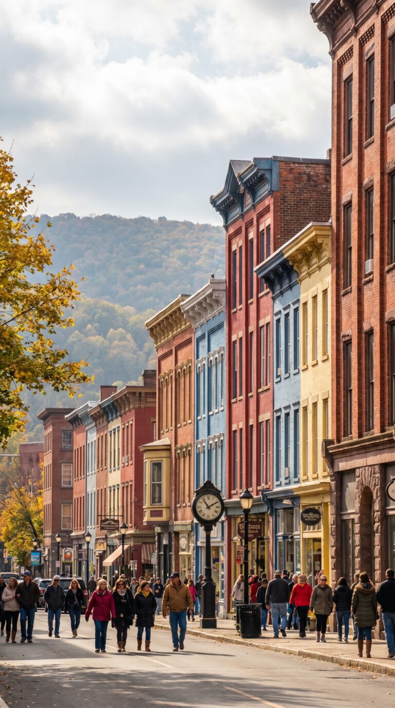 Historic Victorian buildings in downtown Jim Thorpe Pennsylvania with Pocono Mountains backdrop
