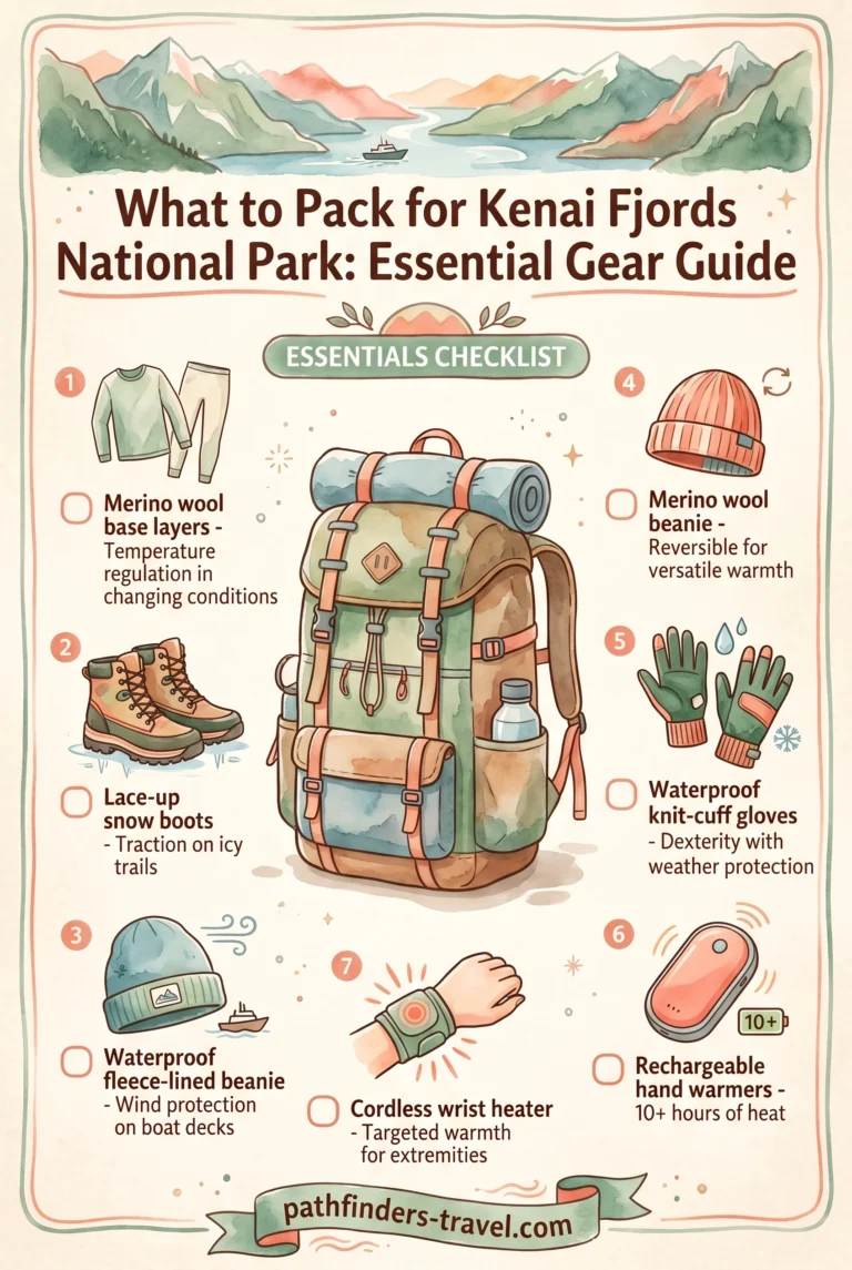 Kenai Fjords National Park packing checklist infographic: Layering System and Outerwear, Footwear, Cold Weather Accessories