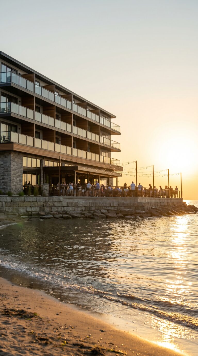 Lakefront hotel on Lake Erie waterfront at sunset in Erie, Pennsylvania
