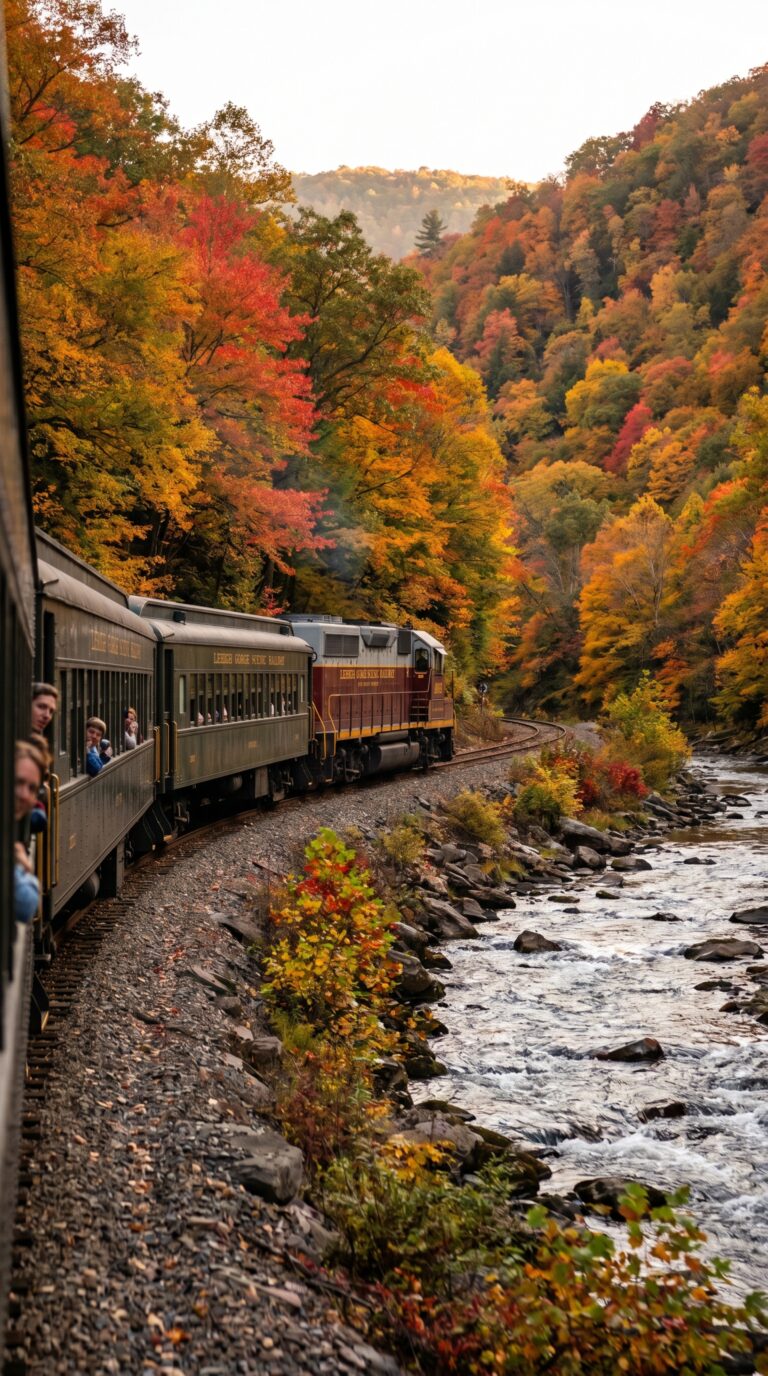 Lehigh Gorge Scenic Railway train traveling through colorful autumn forest along the Lehigh River in Jim Thorpe