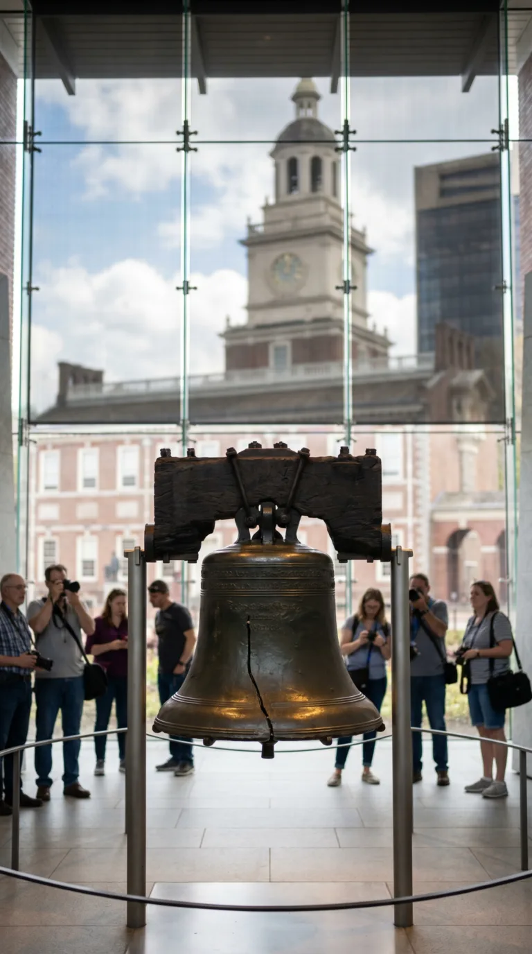 Liberty Bell on display in glass pavilion with Independence Hall behind