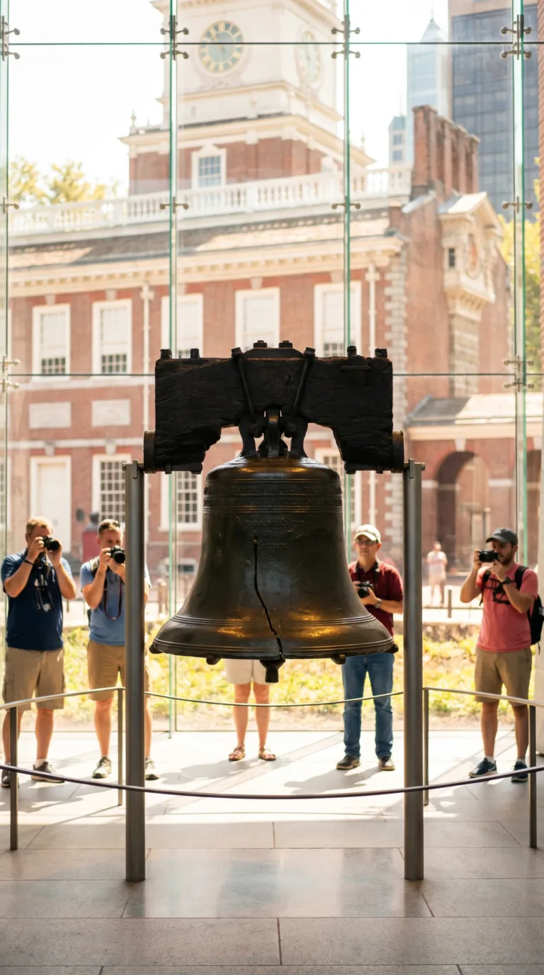 Liberty Bell on display with Independence Hall visible through pavilion windows Philadelphia