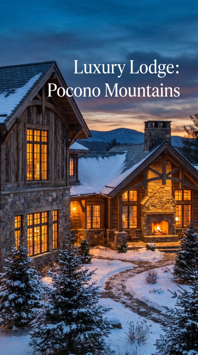 Luxury mountain resort in the Pocono Mountains at dusk with snow-covered grounds