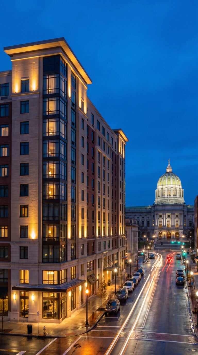 Modern downtown Harrisburg hotel with State Capitol dome visible in background at dusk