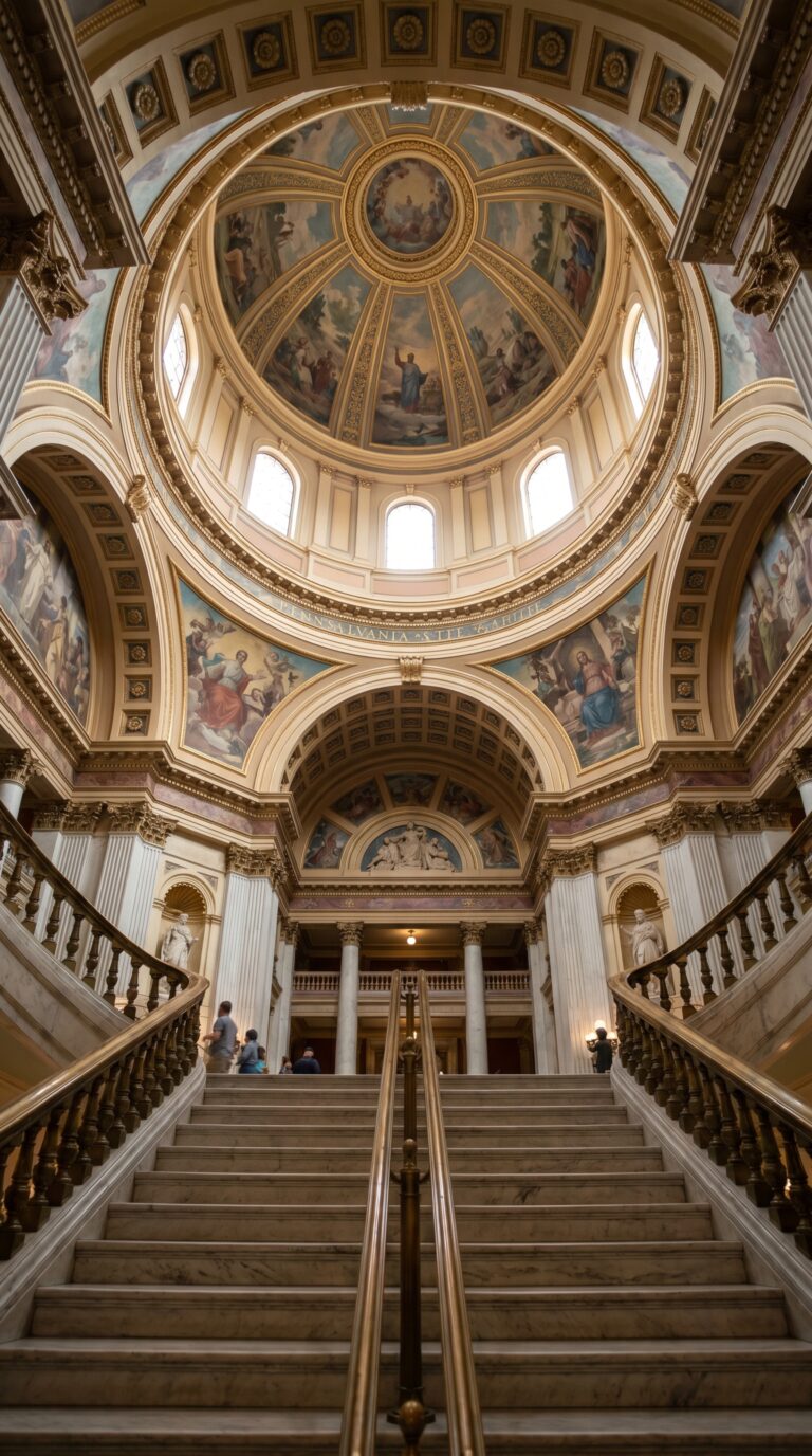 Ornate painted dome and marble rotunda inside Pennsylvania State Capitol Harrisburg