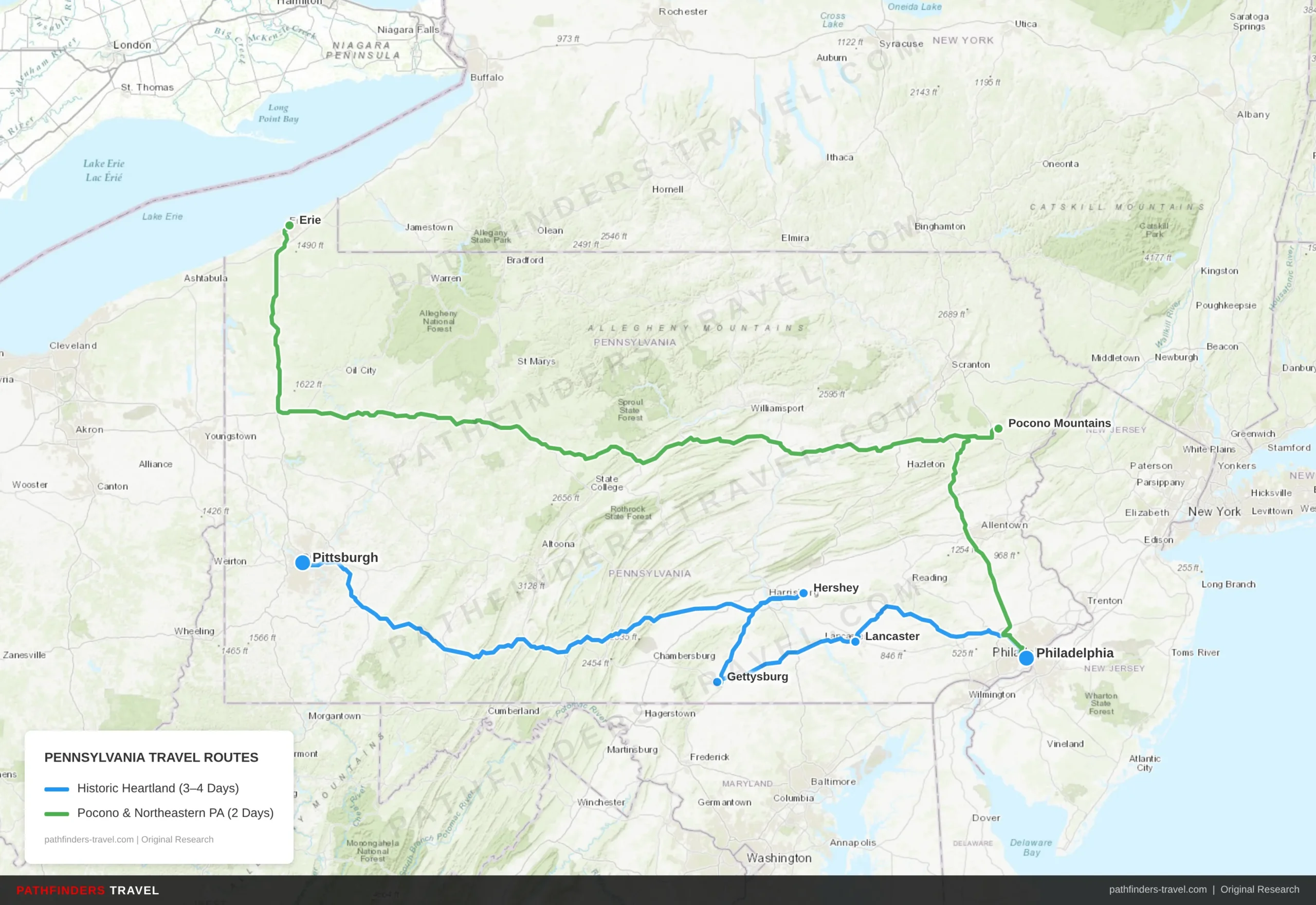 Map showing travel routes for PENNSYLVANIA with road trip itineraries