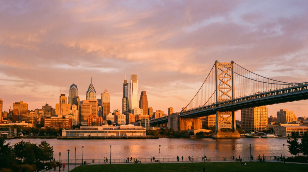 Philadelphia skyline at sunset with Benjamin Franklin Bridge over Delaware River