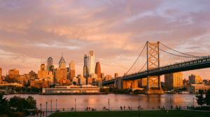 Philadelphia skyline at sunset with Benjamin Franklin Bridge over Delaware River