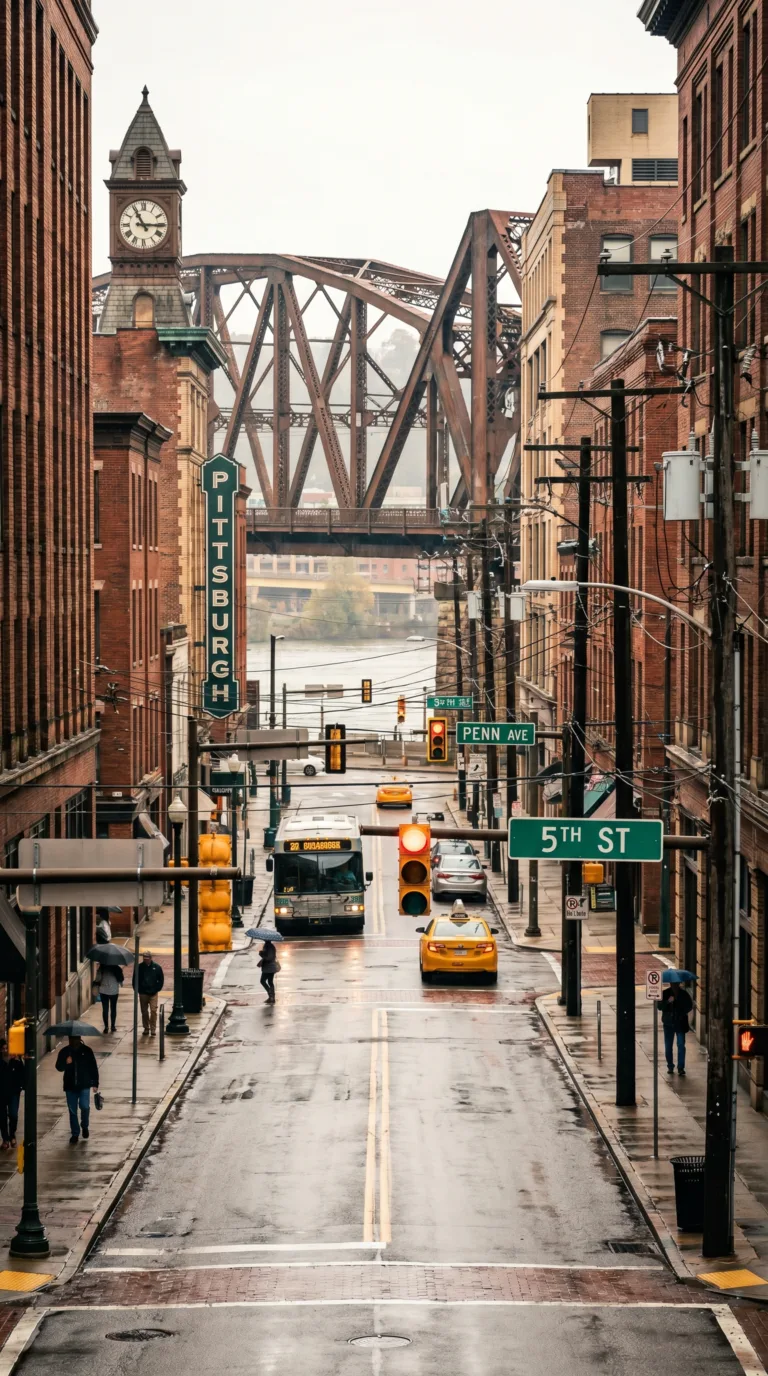 Pittsburgh city street with navigation signage and urban infrastructure