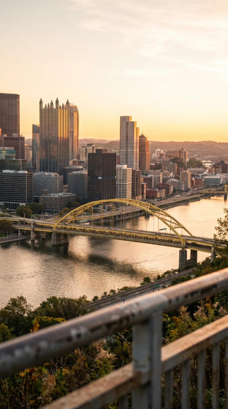 Pittsburgh skyline and yellow bridges at three rivers confluence from Mount Washington