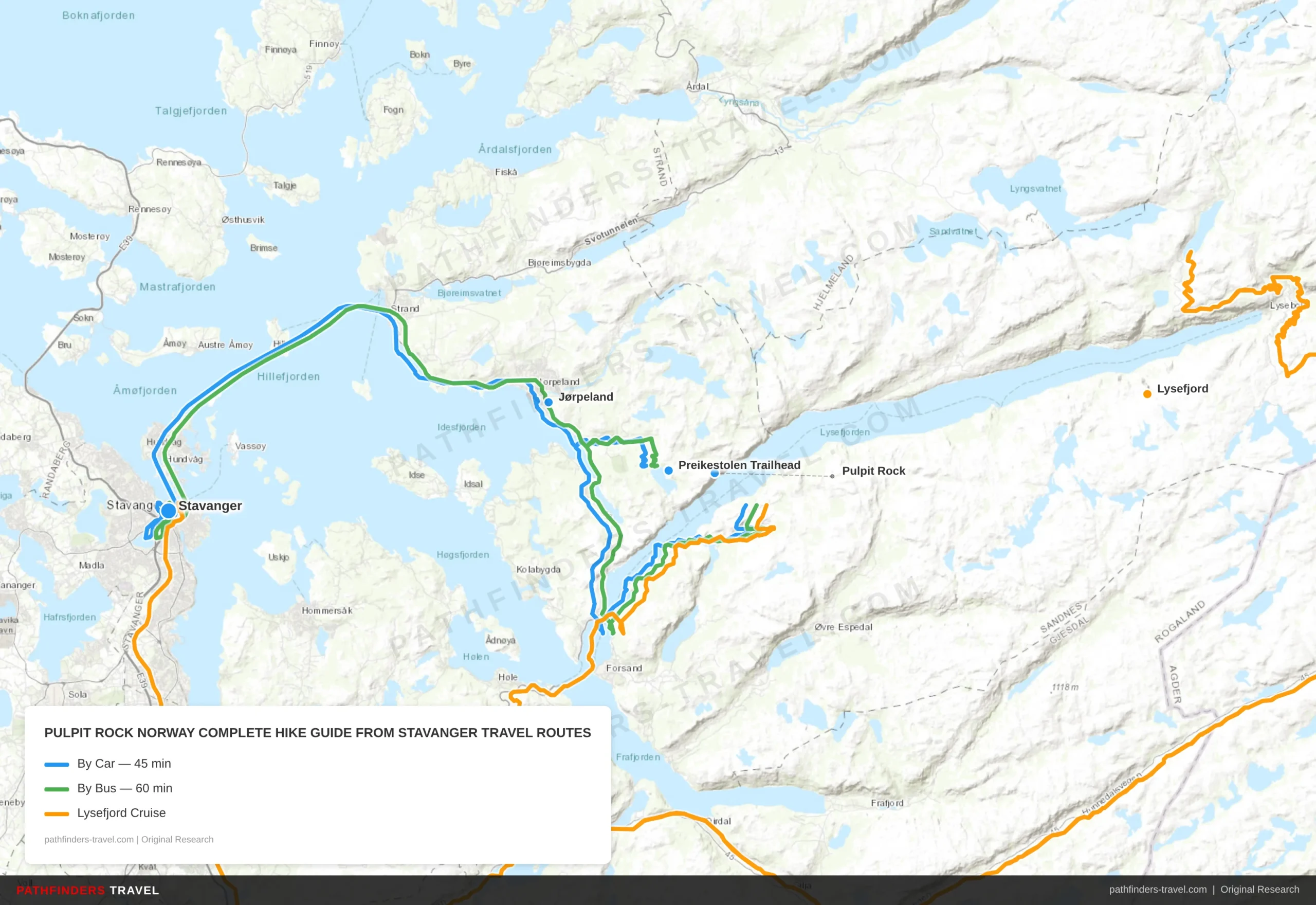 Map showing travel routes for Pulpit Rock Norway: Complete Hike Guide from Stavanger with road trip itineraries