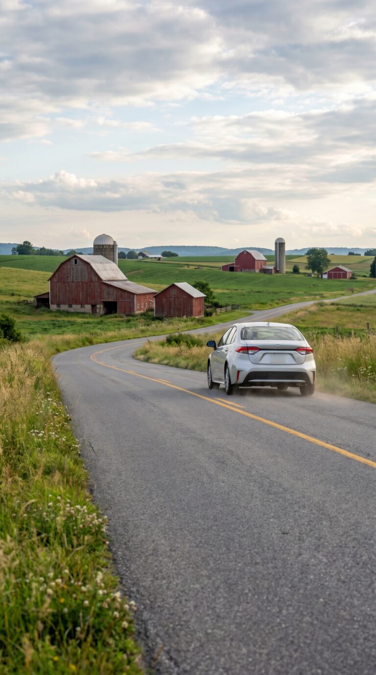 Rental car driving through scenic Pennsylvania countryside on rural highway