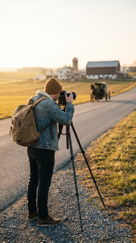 Respectful tourist photographing Lancaster County Pennsylvania farmland from public road
