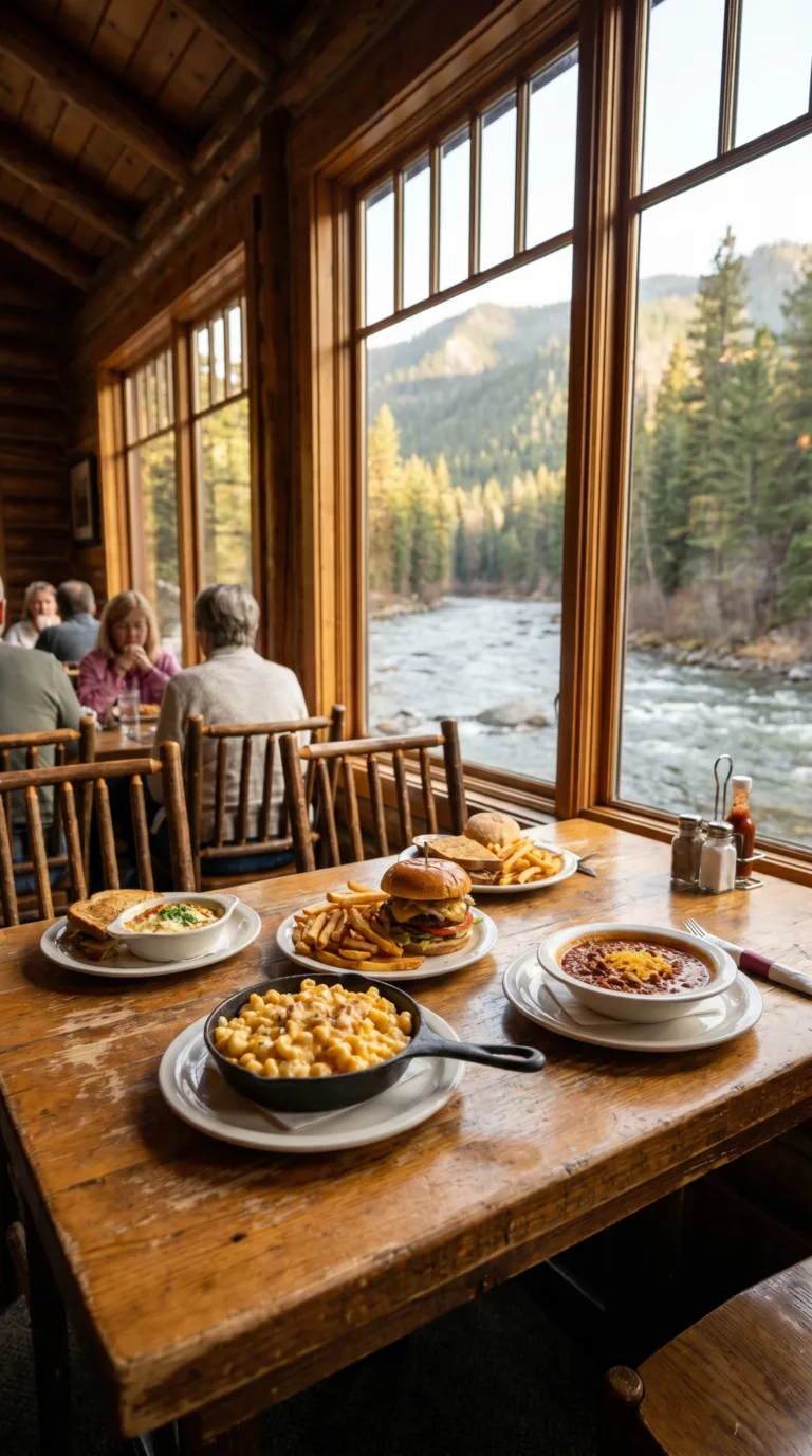 Rustic restaurant interior with river views in Ohiopyle Pennsylvania