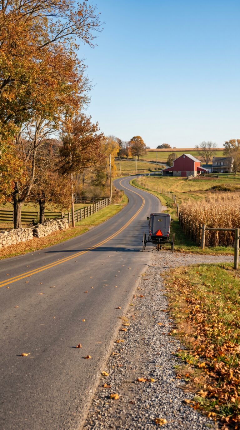 Scenic country road through Lancaster County Pennsylvania with Amish buggy