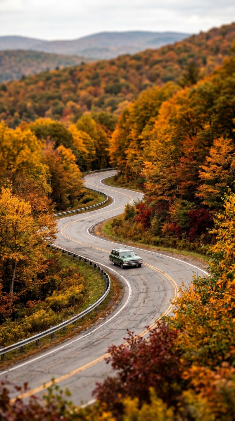 Scenic mountain road through autumn foliage in the Pocono Mountains Pennsylvania