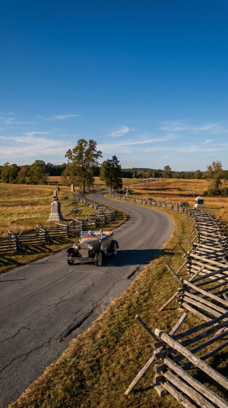Scenic road through Gettysburg National Military Park battlefield with split-rail fences