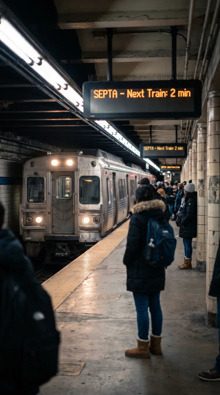 SEPTA subway train at Philadelphia underground station platform with passengers