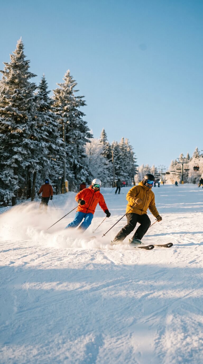 Skiers enjoying fresh powder on a Pocono Mountains ski resort slope in Pennsylvania