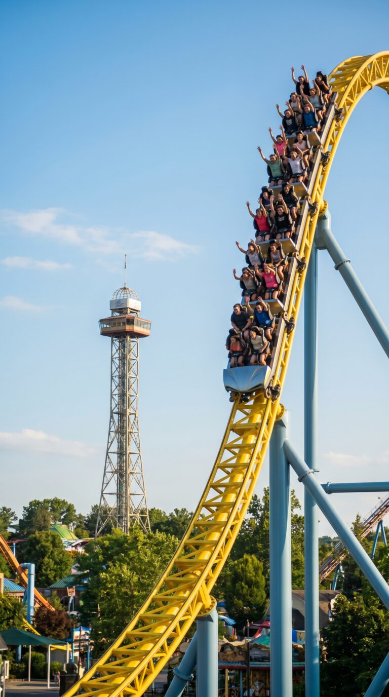 Skyrush roller coaster at Hersheypark with Kissing Tower observation deck in background