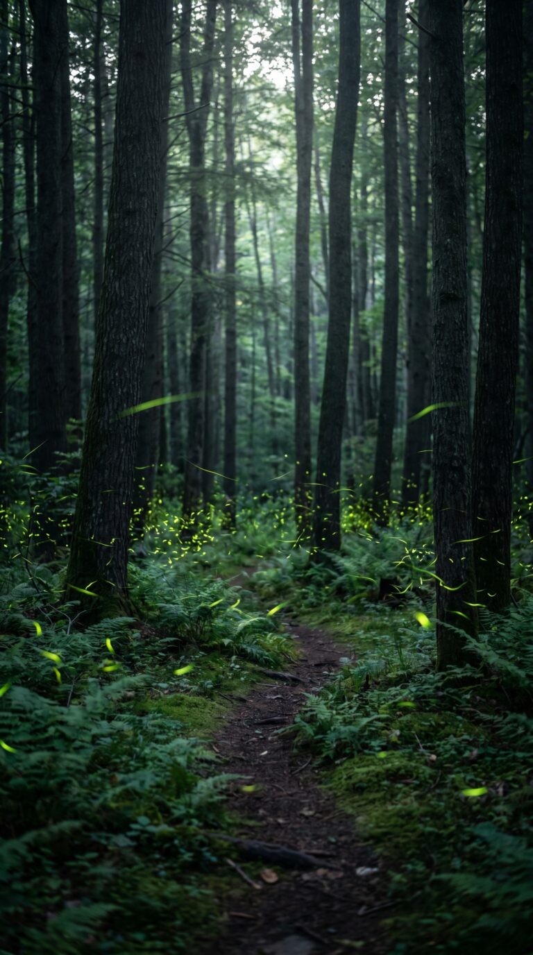 Synchronous fireflies creating light patterns in Allegheny National Forest at dusk