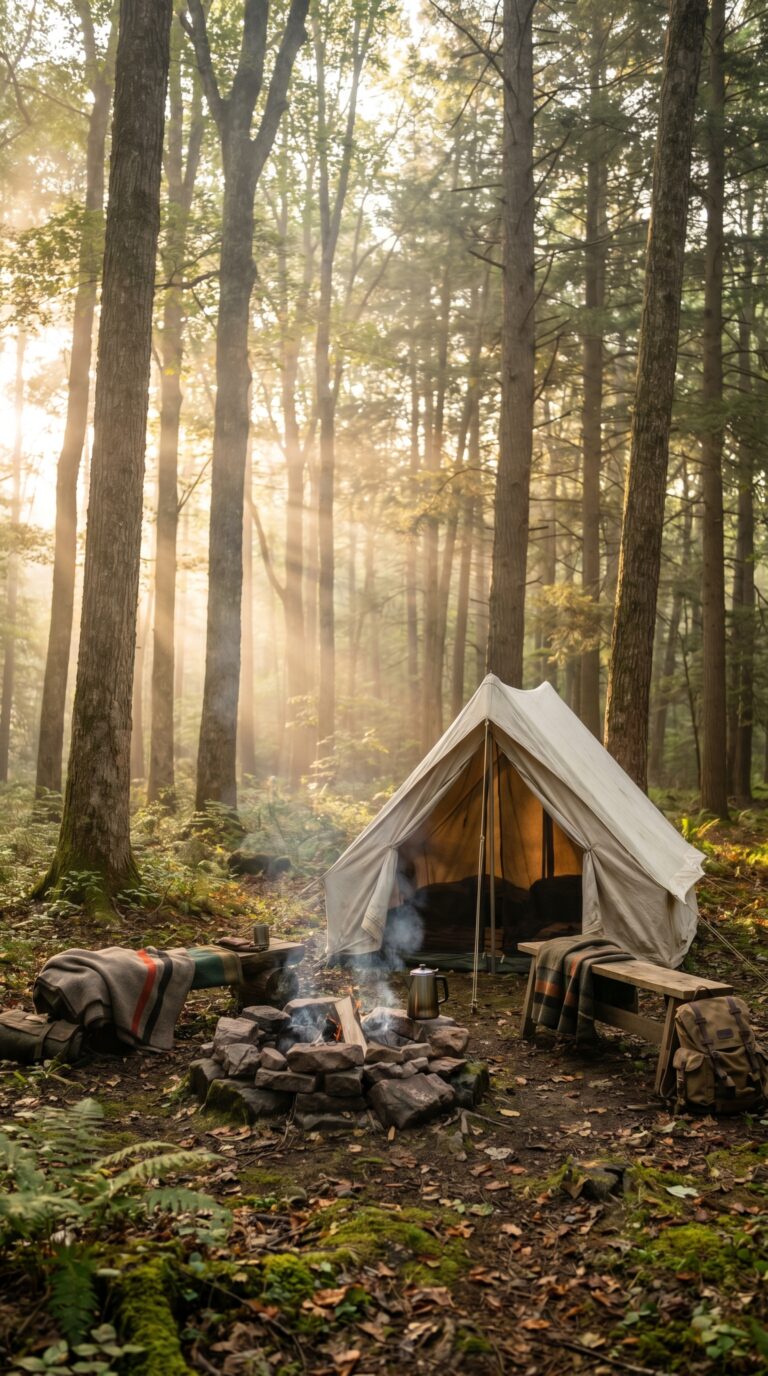 Tent camping in Allegheny National Forest Pennsylvania with morning sunlight through trees