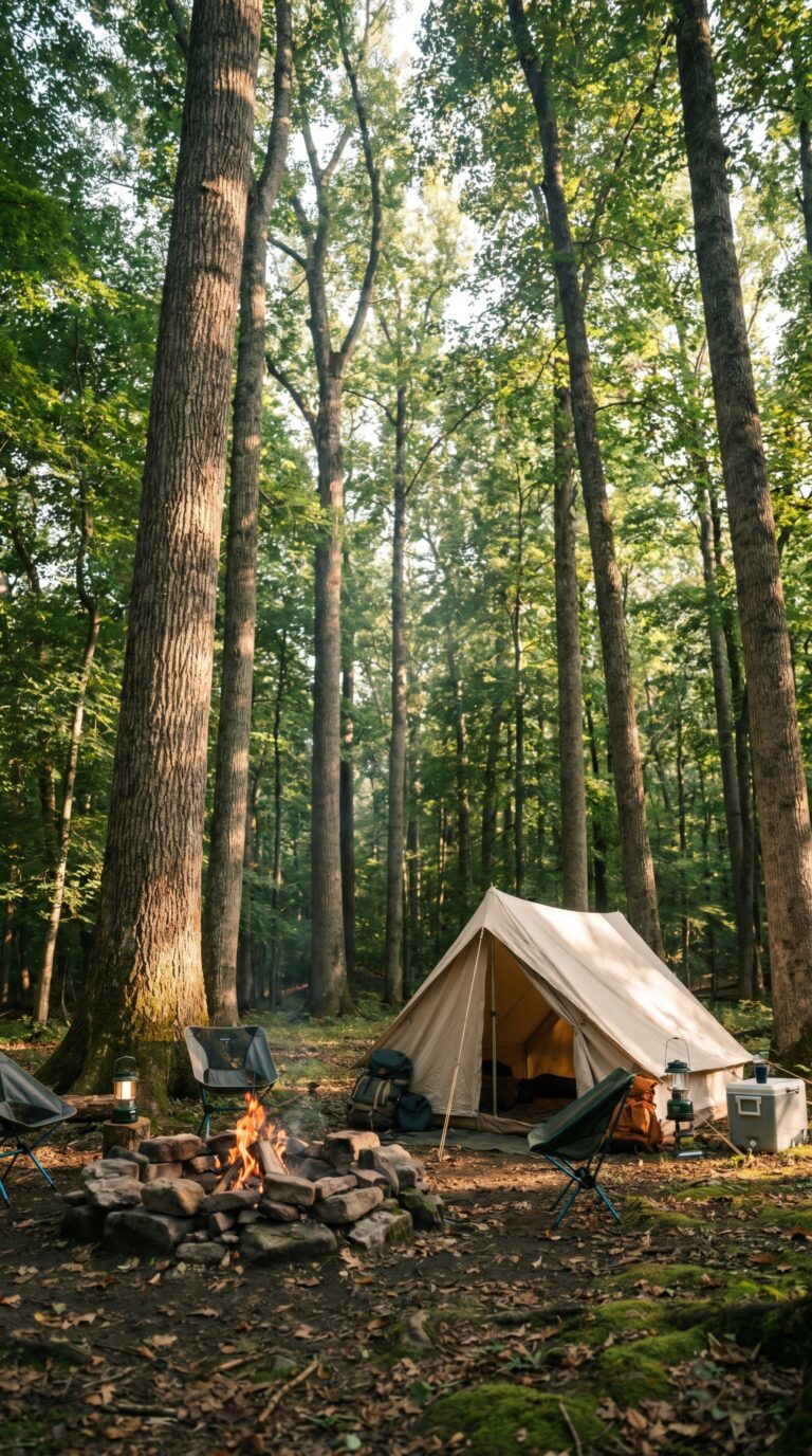 Tent camping site surrounded by forest in Delaware Water Gap National Recreation Area Pennsylvania