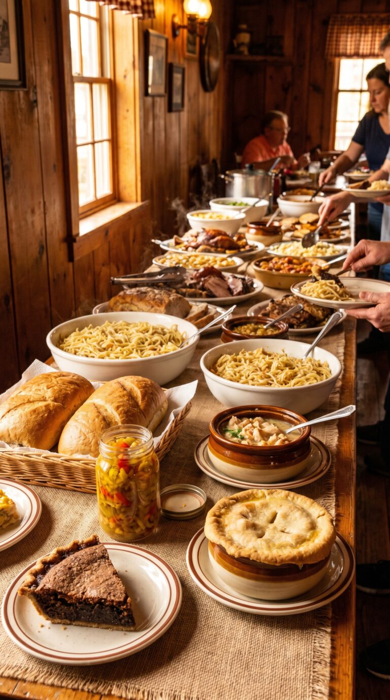 Traditional Pennsylvania Dutch smorgasbord buffet with shoofly pie and regional specialties