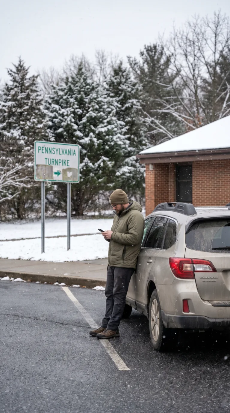 Traveler checking phone for Pennsylvania travel conditions at turnpike rest stop