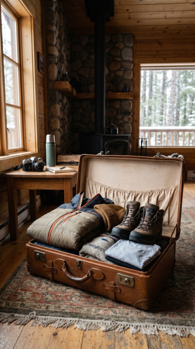 Traveler packing seasonal gear for a Pocono Mountains vacation in Pennsylvania