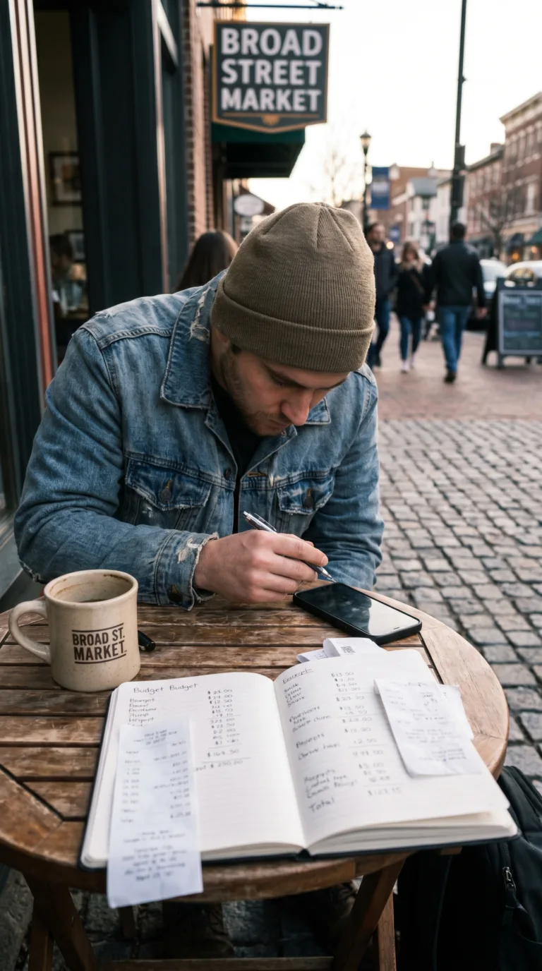 Traveler planning budget at outdoor café in Harrisburg Pennsylvania