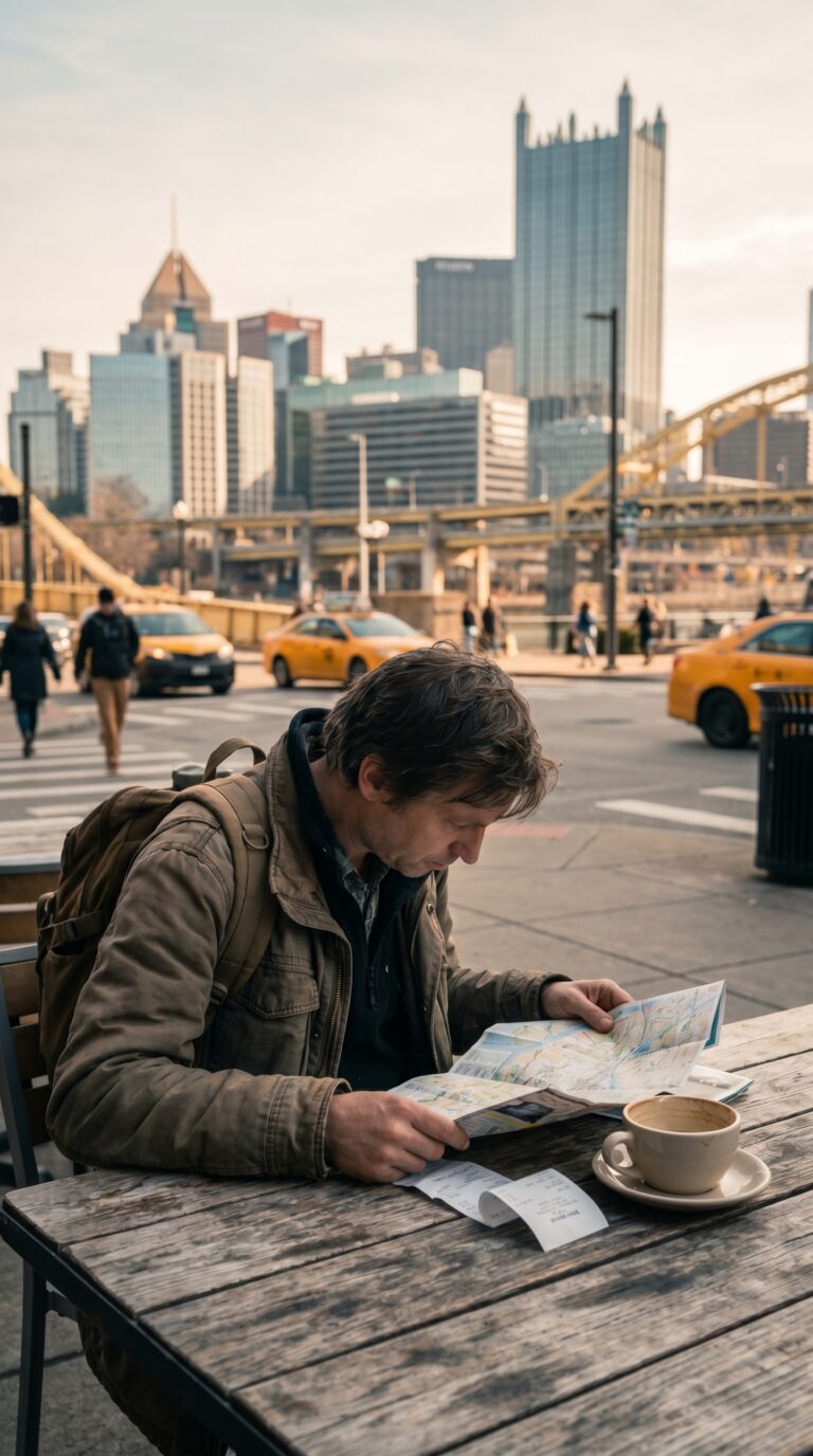 Traveler reviewing travel budget and map at Pittsburgh outdoor café