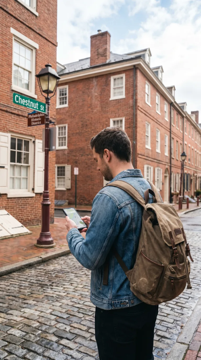 Traveler using smartphone navigation on Philadelphia city street with historic buildings