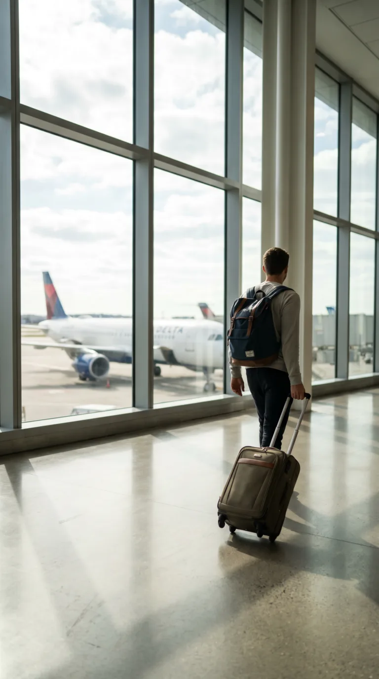 Traveler with luggage walking through Philadelphia International Airport terminal