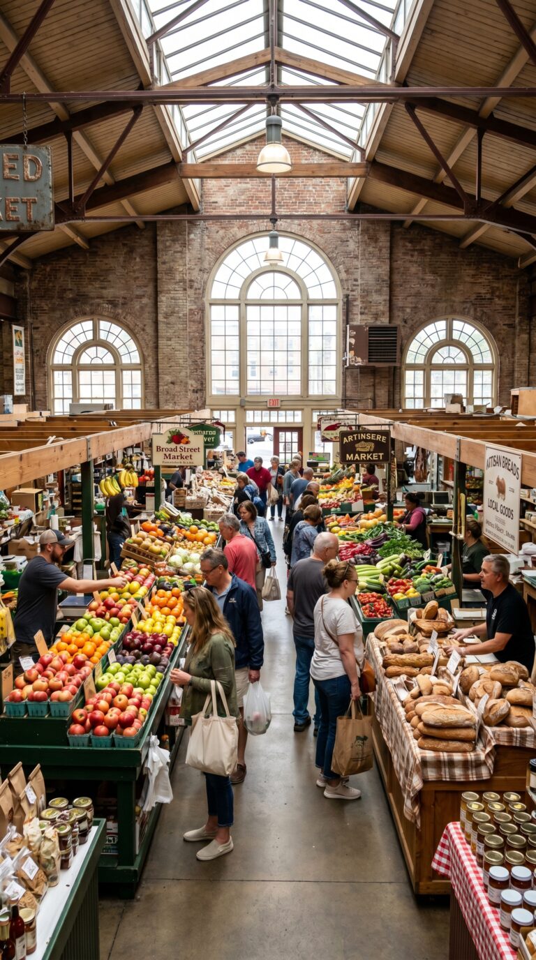 Vendor stalls with fresh produce at historic Broad Street Market Harrisburg