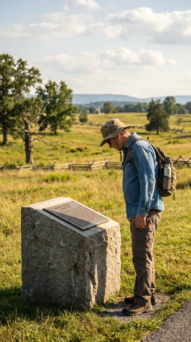 Visitor exploring Gettysburg battlefield with walking gear and informational marker