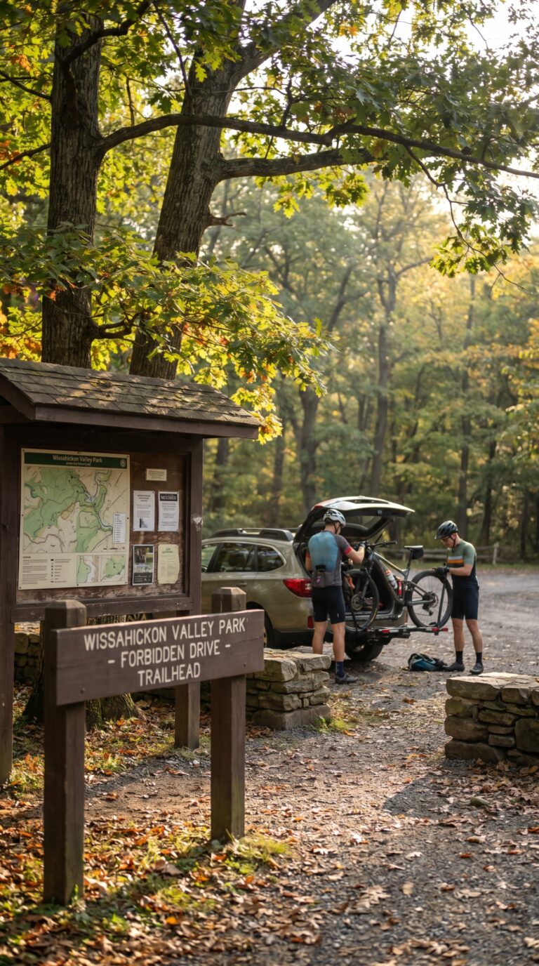 Wissahickon Valley Park entrance with parking area and trail signage in Philadelphia