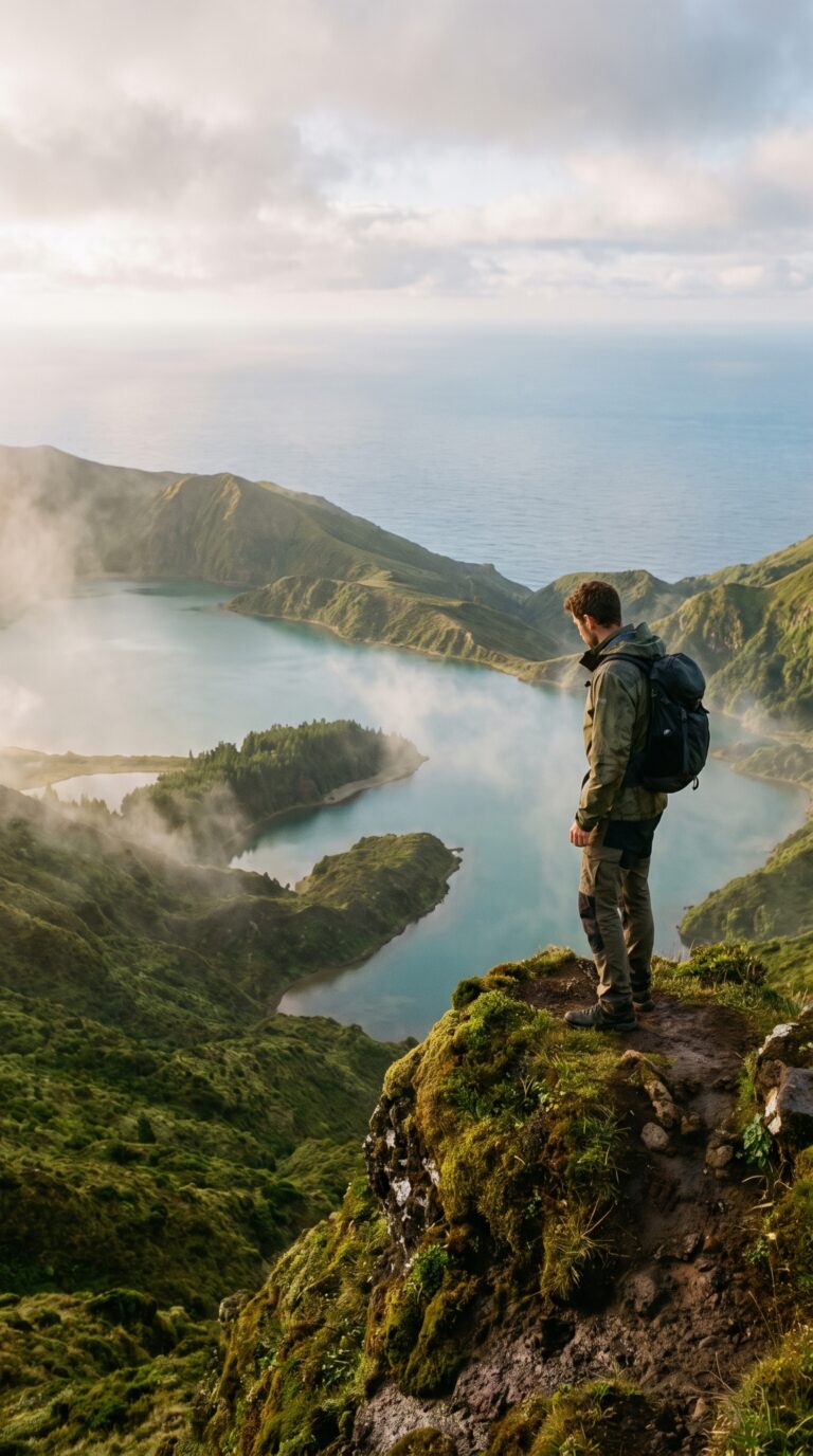 Traveler overlooking volcanic crater lakes in Azores Portugal