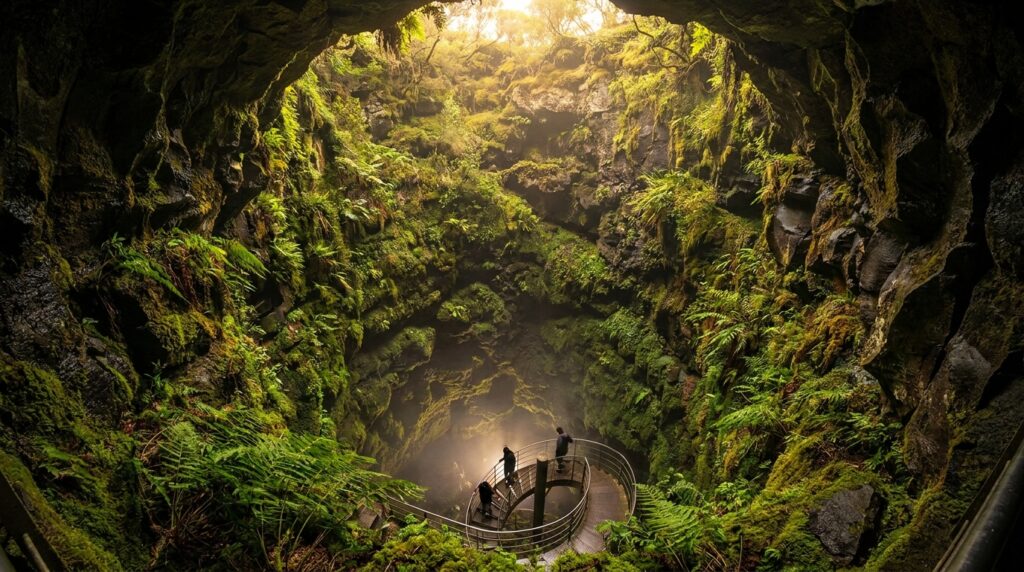 Aerial view into Algar do Carvão volcanic cave showing descent staircase on Terceira Island Azores