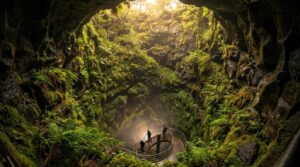 Aerial view into Algar do Carvão volcanic cave showing descent staircase on Terceira Island Azores