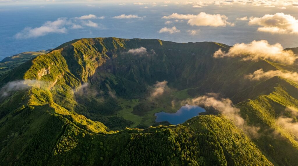 Aerial view of Caldeira do Faial volcanic crater with green vegetation on Faial Island, Azores