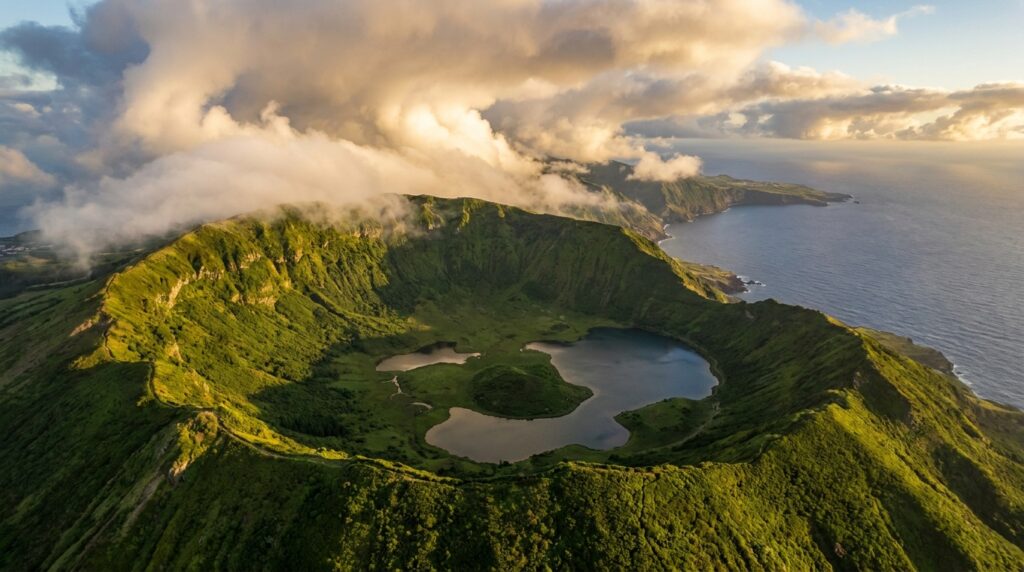 Aerial view of Caldeirão do Corvo volcanic crater on Corvo Island, Azores, Portugal