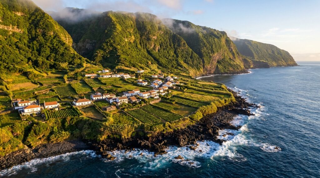 Aerial view of Fajã dos Vimes coastal settlement on São Jorge Island, Azores