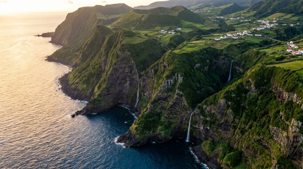 Aerial view of Flores Island's dramatic coastline and green volcanic landscapes in the Azores, Portugal