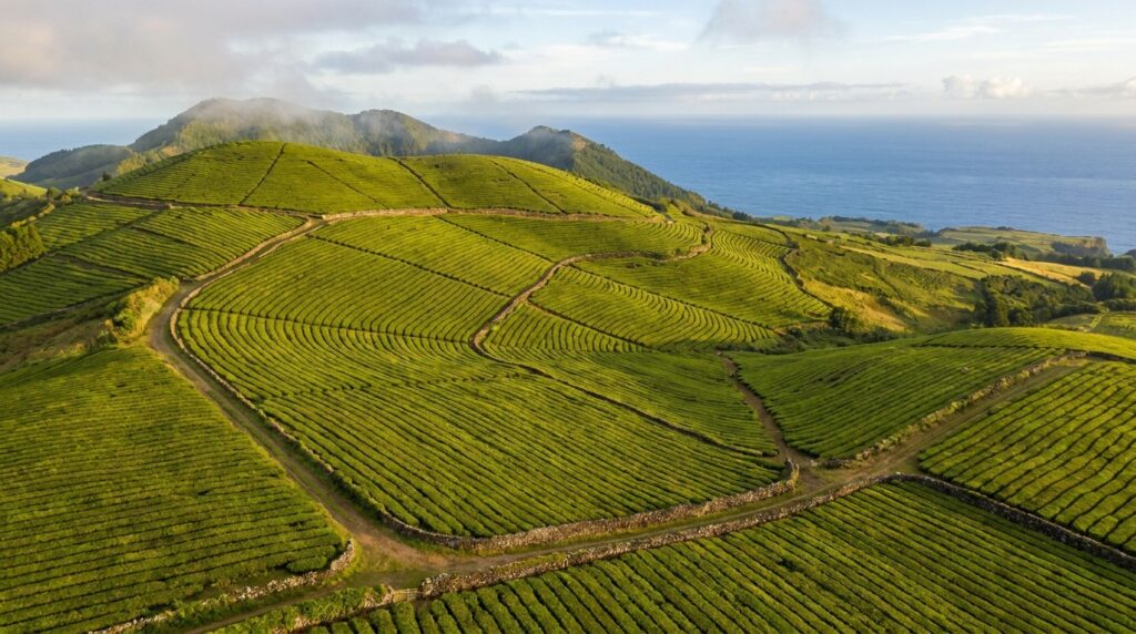 Aerial view of Gorreana Tea Plantation's green tea fields in São Miguel, Azores