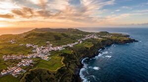 Aerial view of Graciosa Island's white villages and volcanic coastline in the Azores