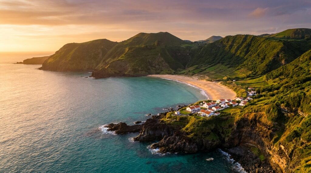 Aerial view of Praia Formosa golden beach and turquoise bay on Santa Maria Island, Azores