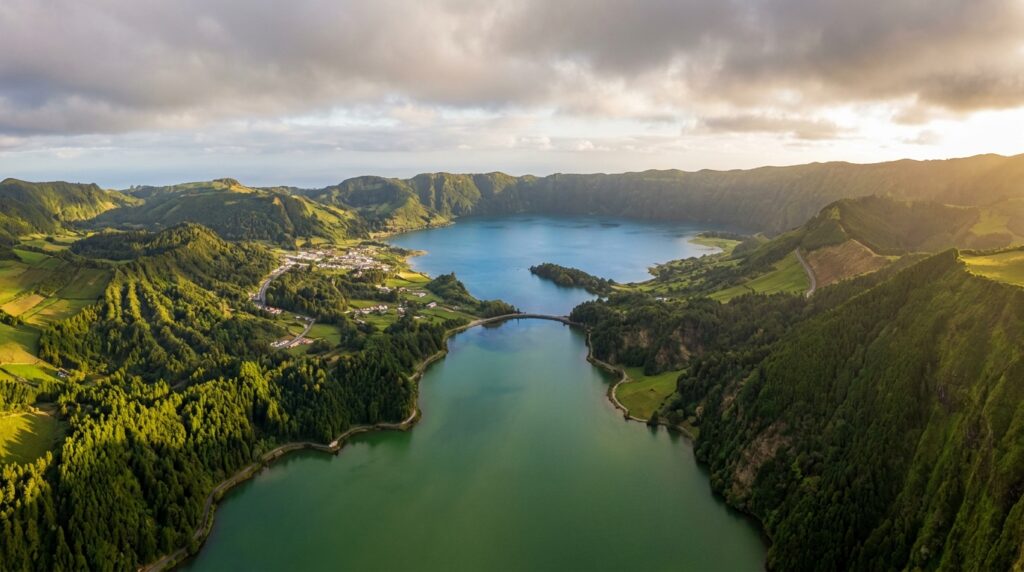 Aerial view of Sete Cidades twin lakes in Azores Portugal