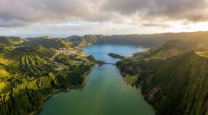 Aerial view of Sete Cidades twin lakes in Azores Portugal