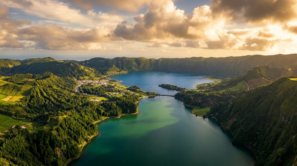 Aerial view of Sete Cidades twin lakes in volcanic crater, São Miguel, Azores